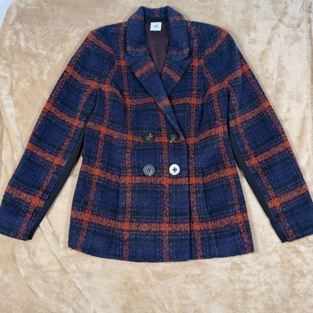Cabi Highland Coat Navy Orange Plaid Boucle Double Breasted Jacket Medium